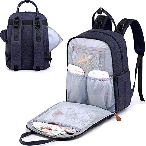 BabbleRoo Mochilas de Pañales para Bebé, Gran Capacidad Mochila de Cambio Bolsa para Pañales con Cambiador y Porta Chupones para Mamá y Papá (azul marino)