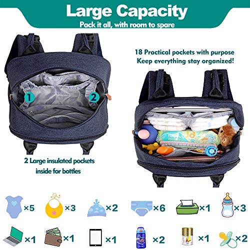 BabbleRoo Mochilas de Pañales para Bebé, Gran Capacidad Mochila de Cambio Bolsa para Pañales con Cambiador y Porta Chupones para Mamá y Papá (azul marino)