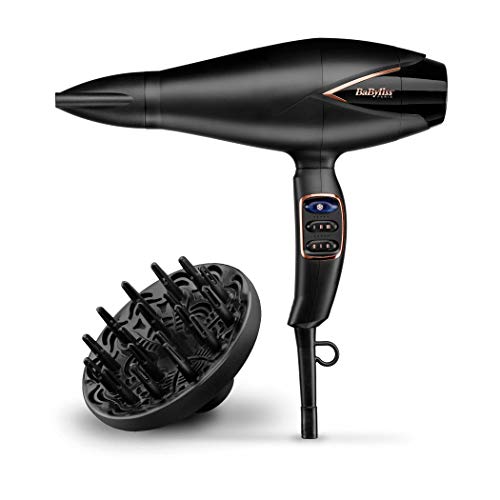 BaByliss Secador Salon Brilliance D665E - Secador de pelo profesional iónico, Motor Digital, 2200W, 2 Velocidades / 3 Temperaturas, Aire Frío, Difusor grande, Boquilla estrecha, Secado Rápido