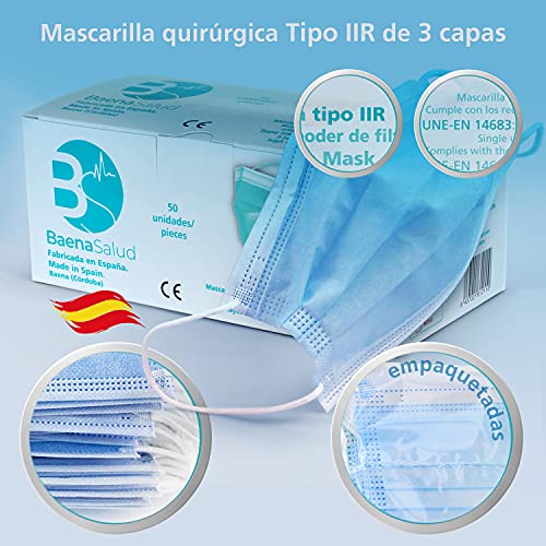 BAENA SALUD 50 Mascarillas Quirúrgicas, desechables, Tipo IIR, en color negro, filtración (BFE) 98%, hechas en España