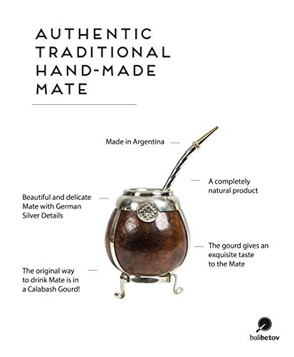 BALIBETOV  Mate Argentino - Set de Mate de Calabaza Natural Hecho a Mano con Detalles de Alpaca - Incluye Bombilla (Sorbete) para Yerba Mate. (Marron)