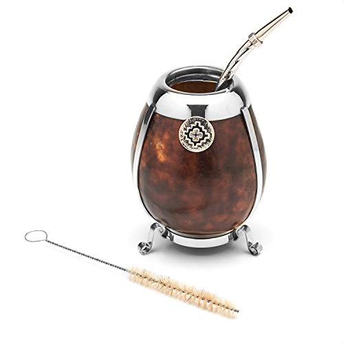 BALIBETOV  Mate Argentino - Set de Mate de Calabaza Natural Hecho a Mano con Detalles de Alpaca - Incluye Bombilla (Sorbete) para Yerba Mate. (Marron)