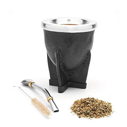 BALIBETOV mate Argentino - set de mate de calabaza natural hecho a mano - mate de calabaza forrado en cuero vaqueta - con bombilla (sorbete) para yerba mate. (Negro)