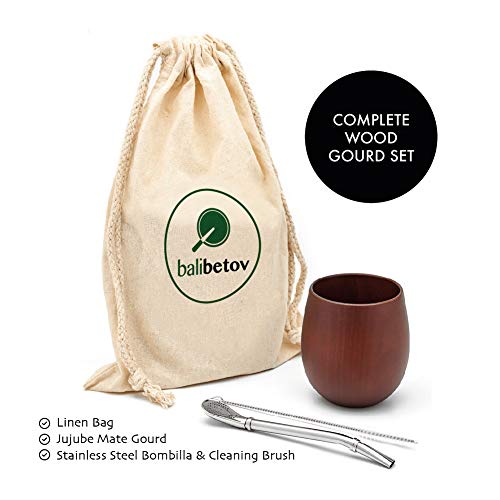 BALIBETOV - Nuevo - Set de Calabaza Mate de Madera Jujube Totalmente Natural - Incluye Bombilla de Acero Inoxidable y Cepillo de Limpieza (Marron)