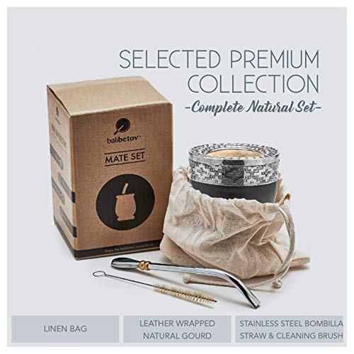 BALIBETOV Premium Set - Mate de Calabaza Natural - Mate Uruguayo Forrado en Cuero - Incluye Bombilla y Cepillo de Acero Inoxidable (Imperial Negro)