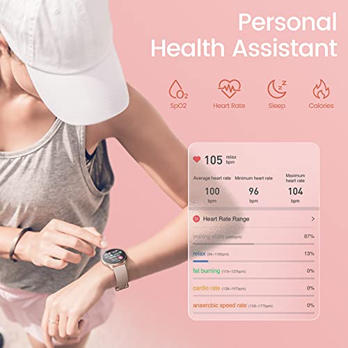 BANLVS Smartwatch Mujer, Reloj Inteligente Mujer IP68 con Pulsómetro, 24 Modos Deportes, SpO2, Menstrual Registro, Monitor de Sueño y Caloría, 1.28 Inch Táctil Completa Smartwatch para Android iOS Oro