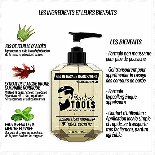 ✮ BARBER TOOLS ✮ Gel de afeitado transparente de 150 ml - Para un afeitado preciso de los contornos de la barba (visibilidad, deslizamiento y máxima protección) - MADE IN FRANCE