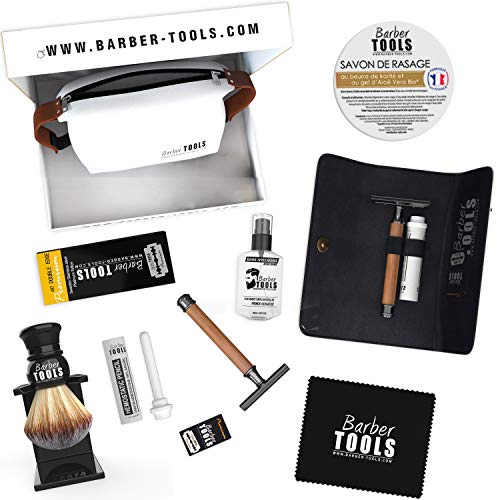 ✮ BARBER TOOLS ✮ Kit de afeitado - Maquinilla de afeitar de seguridad + 40 cuchillas dobles + Tejón de afeitar + Jabón de afeitar + Bálsamo para después del afeitado + Piedra de alumbre + Bolsa