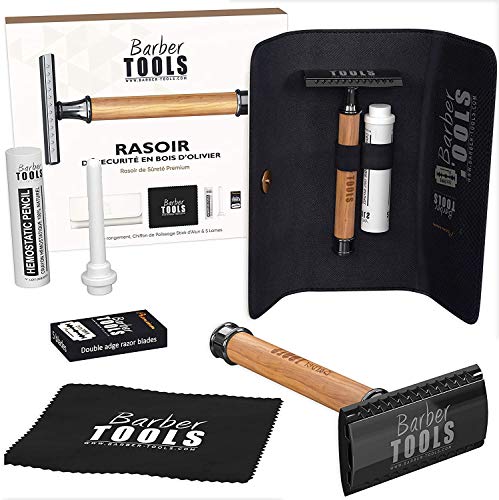 ✮ BARBER TOOLS ✮ Kit de afeitado - Maquinilla de afeitar de seguridad + 40 cuchillas dobles + Tejón de afeitar + Jabón de afeitar + Bálsamo para después del afeitado + Piedra de alumbre + Bolsa