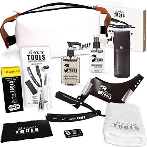 ✮ BARBER TOOLS ✮ Kit de afeitado - Navaja de afeitar + 40 cuchillas de doble hoja + Peine guía para afeitar + Gel afeitado transparente + Bálsamo para después del afeitado + piedra de alumbre + Bolsa