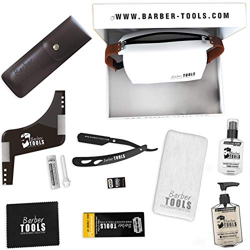 ✮ BARBER TOOLS ✮ Kit de afeitado - Navaja de afeitar + 40 cuchillas de doble hoja + Peine guía para afeitar + Gel afeitado transparente + Bálsamo para después del afeitado + piedra de alumbre + Bolsa