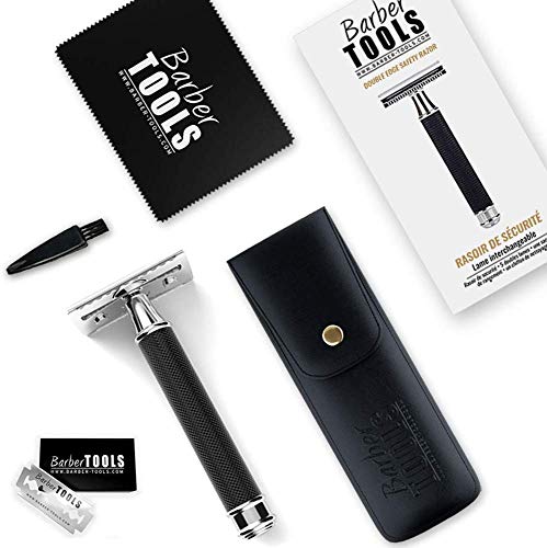 ✮ BARBER TOOLS ✮ Maquinilla de afeitar + 5 cuchillas de doble hoja + Paño de pulir + Cepillo de limpieza + Almacenamiento Pu