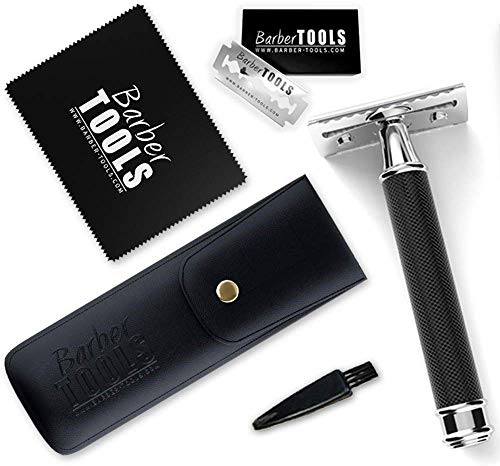 ✮ BARBER TOOLS ✮ Maquinilla de afeitar + 5 cuchillas de doble hoja + Paño de pulir + Cepillo de limpieza + Almacenamiento Pu