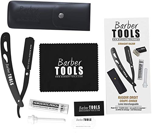 ✮ BARBER TOOLS ✮ Navaja de afeitar + Box 5 cuchillas de doble hoja + Paño de pulir + Almacenamiento Pu