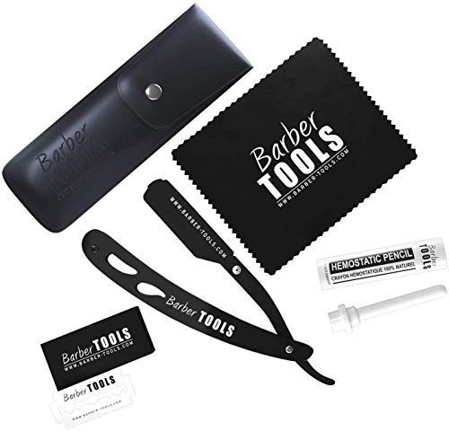 ✮ BARBER TOOLS ✮ Navaja de afeitar + Box 5 cuchillas de doble hoja + Paño de pulir + Almacenamiento Pu