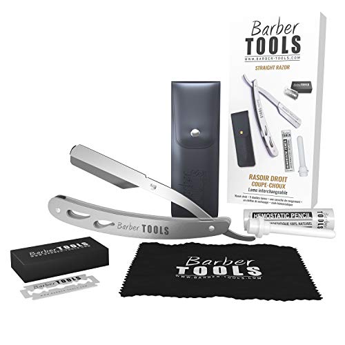 BARBER TOOLS - Navaja de afeitar tradicional, recta (cuchilla intercambiable, caja de 5 hojas dobles + barra de alumbre + paño de pulido + funda de almacenamiento)