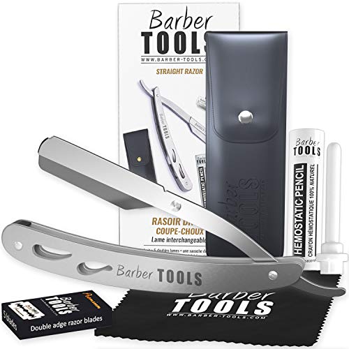 BARBER TOOLS - Navaja de afeitar tradicional, recta (cuchilla intercambiable, caja de 5 hojas dobles + barra de alumbre + paño de pulido + funda de almacenamiento)