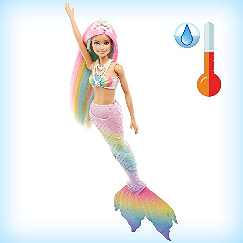 Barbie Muñeca Sirena - Función de Cambio de Color con Agua - Look Fantasía - Pelo Arcoíris y Tiara - Cola Multicolor - Regalo para Niños de 3-7 Años