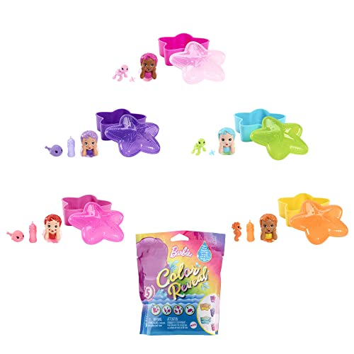 Barbie Sirena Bebé Color Reveal - Serie Sirenas Arcoíris - 5 Sorpresas - Cambia de Color - Muñeca, Accesorios y Mascota - Regalo Para Niños de 3+Años