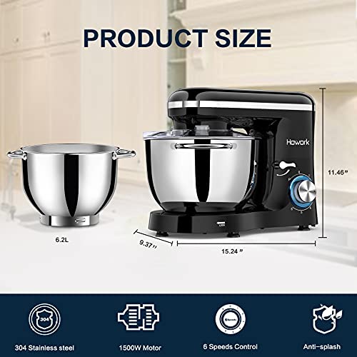 Batidora Amasadora, Howork 1500W 6 Niveles de Velocidad Amasadora de Bajo Ruido para Repostería, Robot de Cocina Automática Multifuncional, 6.2 litros capacidad Amasadora (6.2 litros, negro)