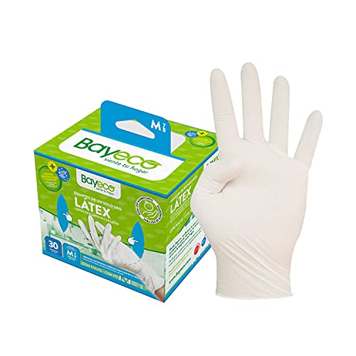 Bayeco - Guantes de un solo uso de Látex - Color Blanco - Ambidiestros - Aptos para el contacto con alimentos - Máxima sensibilidad - Pack dispensador de 30 unidades - Talla M