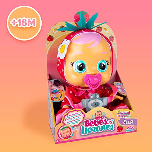 BEBÉS LLORONES Tutti Frutti Ella | Muñeca interactiva que llora de verdad con chupete y pijama con olor a Fresa - Muñeco y Juguete para niñas y niños +18 Meses