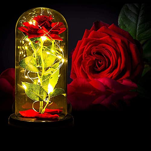 Befol Kit de Rosas,La Bella y La Bestia Rosa Eterna Elegante Cúpula de Cristal con Base Luces LED,Rosa Encantada Rosa Rojas Regalo para Día de San Valentín Día de la Madre Aniversario Bodas Cumpleaños