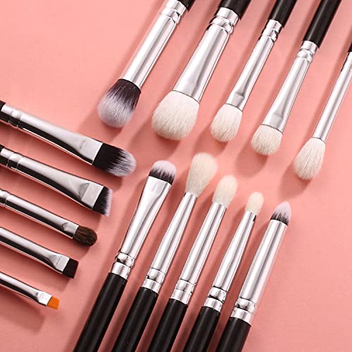 BEILI Juego de brochas de maquillaje profesional para ojos, 15 piezas, sintético y natural, para sombra de ojos, delineador de cejas, corrector, brochas de maquillaje (negro/plata)