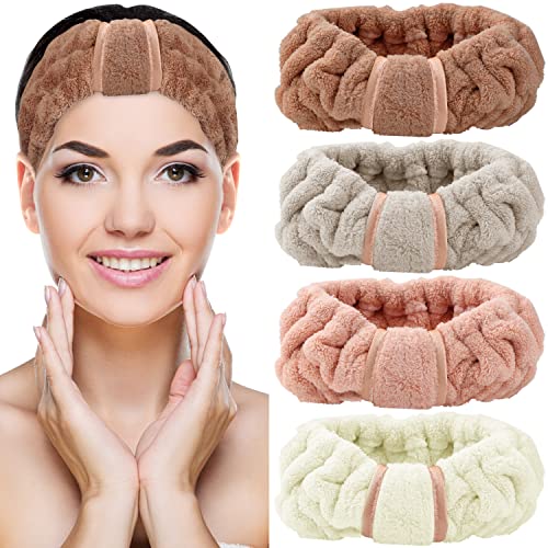 Belle Vous Diademas Mujer Microfibra Facial de Spa (Pack de 4) Diadema Maquillaje Vellón Coral Elástico para Chicas – Cinta Cabeza Ajustable para Cosméticos, Ducha, Limpieza Facial, Deporte y Yoga