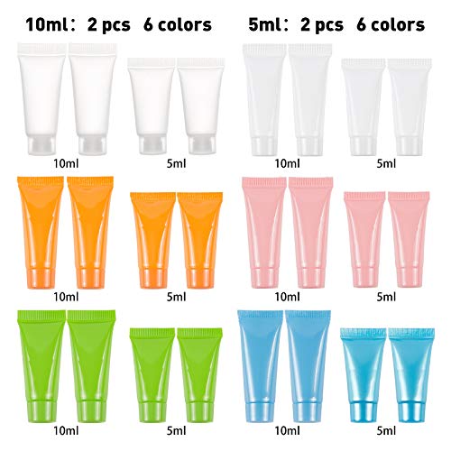 BENECREAT 24PCS 5ml/10ml Tubos Blandos de Plástico Rellenables Vacíos 6 Colores Botellas de Muestra de Maquillaje Suave con 4PCS Embudo y 2PCS 5ml Jeringa para Loción de Viaje Champú