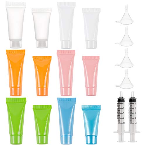 BENECREAT 24PCS 5ml/10ml Tubos Blandos de Plástico Rellenables Vacíos 6 Colores Botellas de Muestra de Maquillaje Suave con 4PCS Embudo y 2PCS 5ml Jeringa para Loción de Viaje Champú