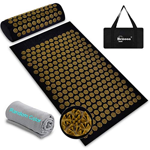 Benooa Set de Esterilla Masaje Acupresión con Almohada para Yoga Alargar 83cm Set de Regalo de Navidad Juego de Acupresión para Relajación Relaje la Cabeza, el Cuello, los Hombros y la Espalda (Oro)