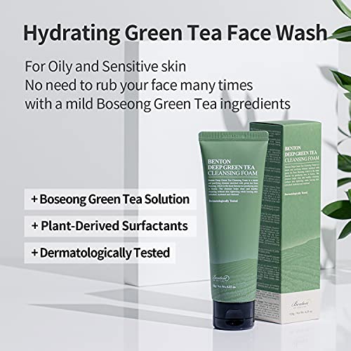 BENTON Espuma limpiadora de té verde profundo 120 g (4.23 oz.) - Espuma limpiadora facial purificadora y reafirmante de poros para pieles grasas y sensibles, acabado suave sin irritación