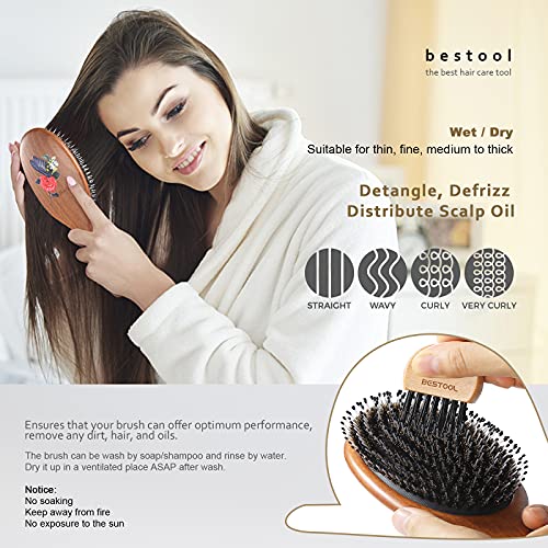 BESTOOL Cepillo de pelo con cerdas de jabalí con alfiler de nylon, uno de los mejores cepillos para el pelo para mujeres, hombres o niños, pelo largo grueso y rizado (negro)