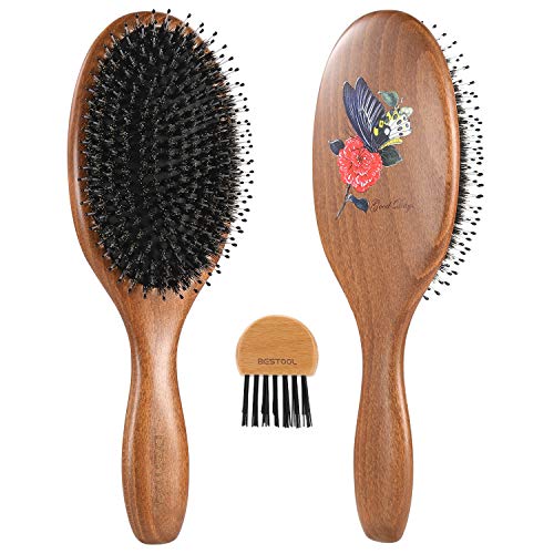 BESTOOL Cepillo de pelo con cerdas de jabalí con alfiler de nylon, uno de los mejores cepillos para el pelo para mujeres, hombres o niños, pelo largo grueso y rizado (negro)