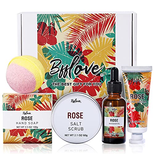 BFFLOVE Caja de Regalo para Mujer, Cesta de Regalo de Spa a Rosa, Regalos Originales para Mujer, Regalo de Cumpleaños para Ella, Set de Baño Incluye Aceite de Masaje, Sal Exfoliante, Jabón