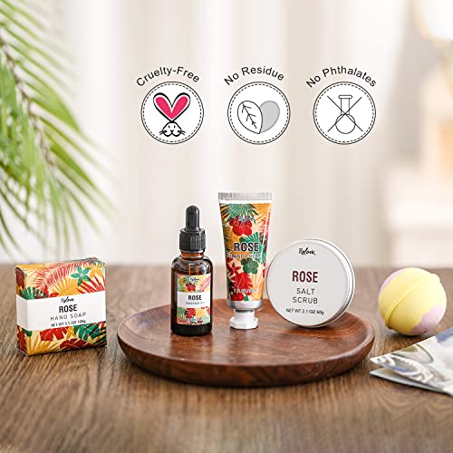 BFFLOVE Caja de Regalo para Mujer, Cesta de Regalo de Spa a Rosa, Regalos Originales para Mujer, Regalo de Cumpleaños para Ella, Set de Baño Incluye Aceite de Masaje, Sal Exfoliante, Jabón