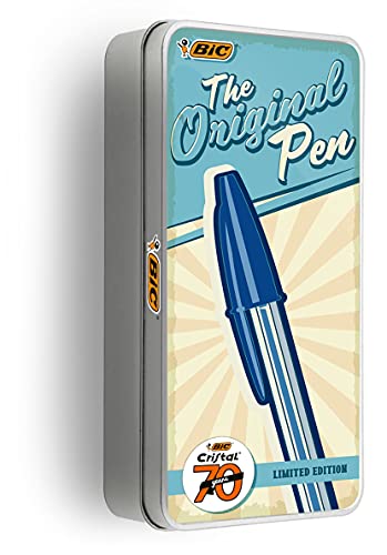 BIC Cristal Set de Bolígrafos de Edición Limitada 70.º Aniversario con Caja Metálica Reutilizable - Colores Surtidos y Puntas de Distintos Tamaños, Caja de 17