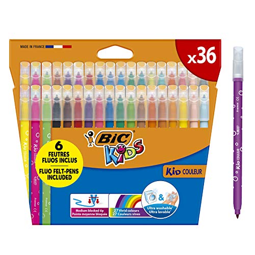 BIC Kids Kid Couleur Rotuladores para niños, Punta Media - Colores Surtidos, Estuche de 36 Unidades - rotuladores lavables ideal para actividades creativas en casa y colegio