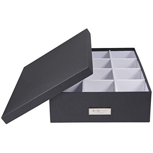 Bigso Box of Sweden Organizador de accesorios de tablero de fibras y papel – Caja de almacenamiento con tapa y etiqueta para diversos artículos – Caja con compartimentos (12 en total) – gris oscuro