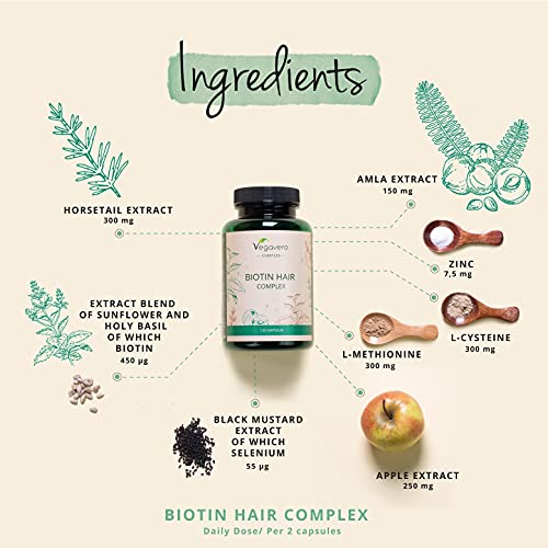 Biotina Complex Vegavero® | Zinc + Silicio Orgánico + Selenio + L Metionina | El ÚNICO Natural | Alopecia + Crece Pelo & Barba | Sin Aditivos | Con Amla & Cola de Caballo | Vegano | 120 Cápsulas