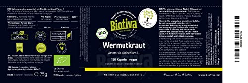 Biotiva Cápsulas de ajenjo orgánico 150 piezas - 400 mg - vermut - garantizado sin aditivos - embotellado y verificado en Alemania (DE-ÖKO-005)