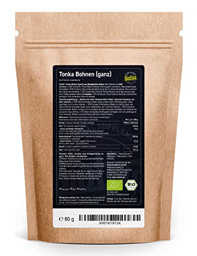 Biotiva Frijoles de tonka enteros orgánicos 80g - Dipteryx Odorata - Árbol de tonka - Sarrapia - especia - embotellado en Alemania (DE-ÖKO-005) - vegano