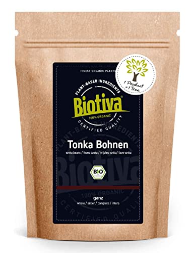 Biotiva Frijoles de tonka enteros orgánicos 80g - Dipteryx Odorata - Árbol de tonka - Sarrapia - especia - embotellado en Alemania (DE-ÖKO-005) - vegano