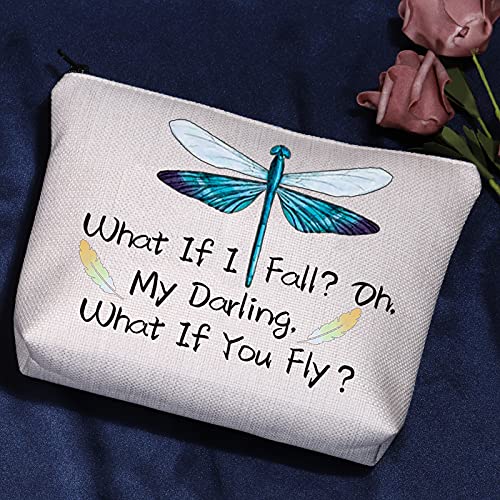 Bolsa de cosméticos de libélula What If I Fall Oh My Darling What If You Fly con citas inspiradoras para maquillaje con cremallera, regalo de libélula para regalo de estímulo, beige, Bolsa de aseo