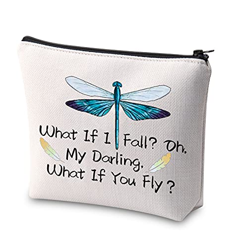 Bolsa de cosméticos de libélula What If I Fall Oh My Darling What If You Fly con citas inspiradoras para maquillaje con cremallera, regalo de libélula para regalo de estímulo, beige, Bolsa de aseo