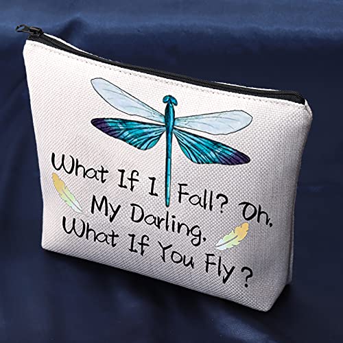 Bolsa de cosméticos de libélula What If I Fall Oh My Darling What If You Fly con citas inspiradoras para maquillaje con cremallera, regalo de libélula para regalo de estímulo, beige, Bolsa de aseo