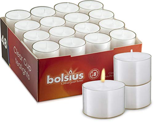 Bolsius Juego de 48 velas de té en vasos transparentes Larga combustión de 8 horas, para cualquier estado de ánimo, cenas, fiestas, hogar, decoración, boda, manualidades.