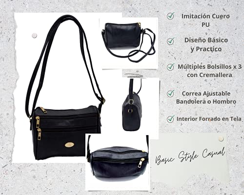 Bolso Bandolera mujer, Bolso para móvil, Bolso Pequeño Mujer, Diseño Moderno de Moda, Básico Elegante y Casual, Correa Regulable. Botón Imantado y Cremallera, Bandolera Mujer Piel (Negro)