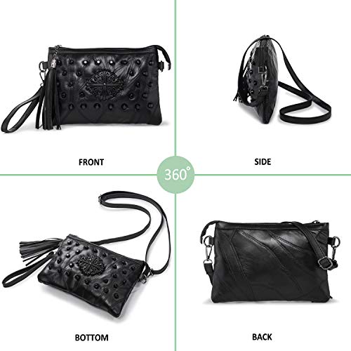 Bolso Bandolera Mujer Pequeño Bolso de Mano con Remache y Borla Bolso de Hombro de Noche, Asa y Correa, Negro